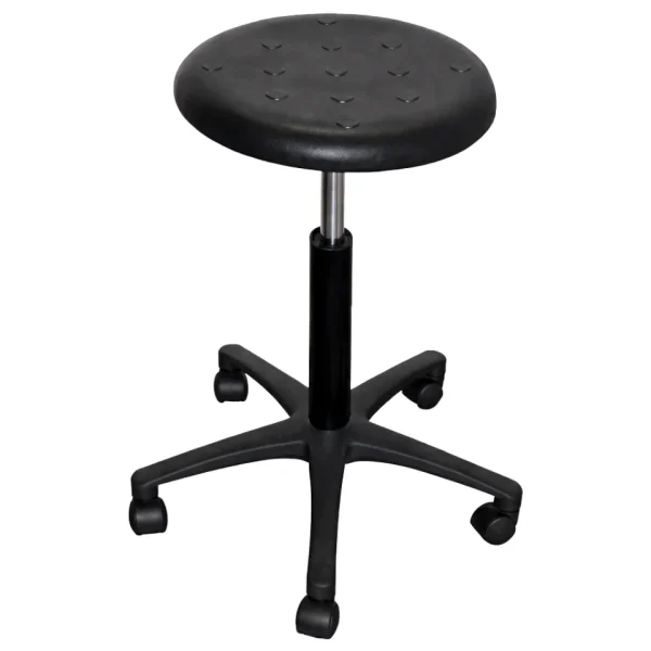 Black adjustable rolling stool with round padded seat and five wheel base.